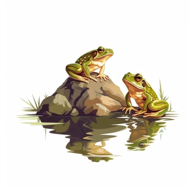 two frogs sitting on a rock, one brownish color, one green, looking into the water with their reflection staring back, reflections in the water show in scenery too clipart vector, put the correct of fingers an toes