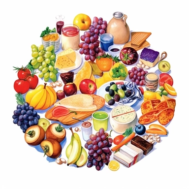 watercolor healthy foods for your life round design illustration, in the style of hyperrealistic paintings, made of cheese, elaborate fruit arrangements, associated press photo, les nabis, biblical iconography, gouache Clipart desert cartoon t-shirt graphic, vector, contour, isolated on a white background