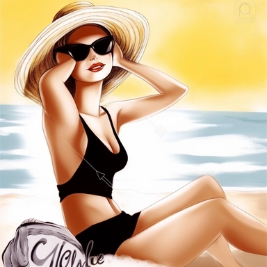 portrait view, full view, clipart illustration, beautiful lady sunbathing on beach, exact image, sharp focus, high detail, (--iw 5)