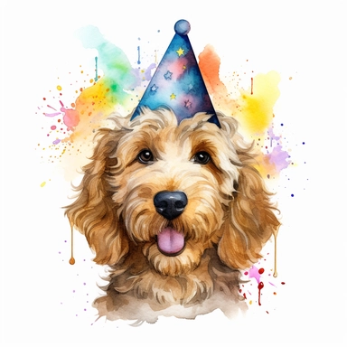 watercolor clipart image, golden doodle wearing birthday hat, birthday photoshoot, white background