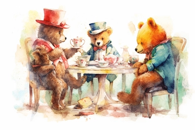 Design a watercolor clipart of a teddy bear wearing a fancy hat and serving tea to other teddy bears at a small table, set against a backdrop of a cozy living room, in the style of delicate watercolor strokes, viewed from a side view perspective, hd, spaced out, on a white background