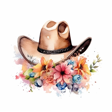 Cowgirl Hat and floral sublimation water color, clipart, 8k, white background