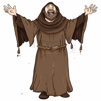happy bearded medieval friar Tuck laughing with open arms as if he is inviting people to a party waterco lor clipart no words no watermark