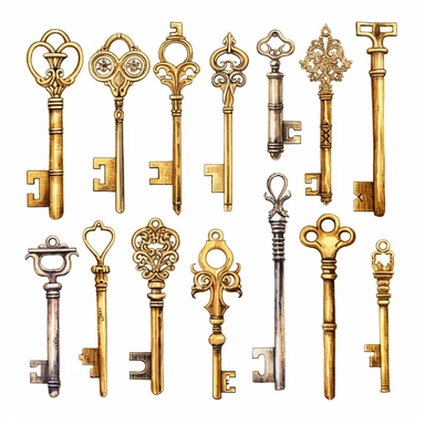 assorted gold keys inspired by Harry Potter watercolor illustration, design elements isolated on white background, vintage clip art - Image #4 <@1098423716465102849> - <@1098423716465102849> (31%) (relaxed)
