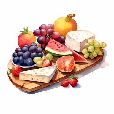 watercolor fresh fruit , cheese, summery charcuterie board, clip art , hd, white background, spaced out, cartoon realism details--ar 3:2
