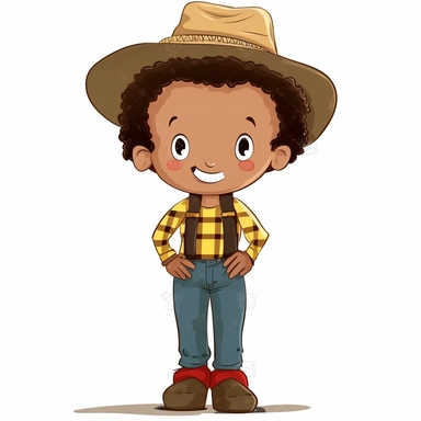 cartoon style chibi country boy 5 year old dark skinned afro boy delicate confident smile short hair straw hat yellow plaid shirt vibrant tones style chibi feet hands back lace character should be sharp and detailed well drawn lightly hand painted in watercolor vector on a white background clipart