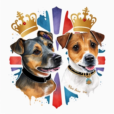 vibrant colourful watercolour clipart svg white background of 2 smiling happy Jack Russell terrier dogs. 1st dog is brown an black fur the 2nd is light brown both are smiling, both wearing a large gold King crown on heads, place each dog face in thick shinny gold ornate frame made from gold leaves, both dogs are wearing a colourful vibrant red an blue union jack dog collar, a personlised banner at the bottom to write someone's name on.