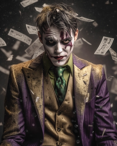 A portrait of the Joker with gold makeup and black hair, in the style of dadaist photomontage, octane render, kintsugi, devilcore, raw character, dark silver and gold, sony alpha a7 iii. Wearing a gold suit with black accents, a purple shirt, and a green