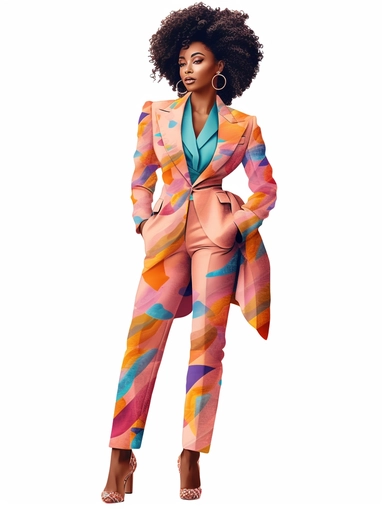 standing , head to toe, digital doll , gorgeous african american woman voluminous curly goddess braided hair wearing vibrant color couture suit inspired by Michael Kors, modern style, fashionable, white background, sticker, clipart