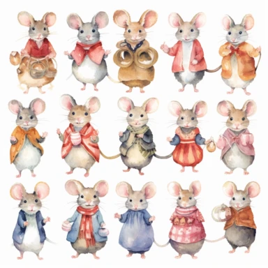 Watercolor Mouse in Dress, 25 Cute Mice Clipart, Animal Digital Prints