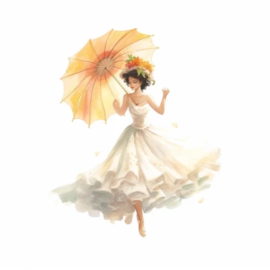 playful BRIDE, holding a parasol and twirling under the summer sun, radiating beauty and joy, watercolor, Pixar style, Clipart on a white background
