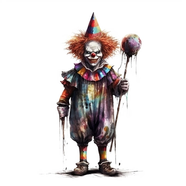 mystical dark scary watecolor halloween clown clipart, full body, hd 4k, detailed, focused, isolated on white background