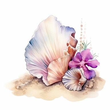 hand drawn sandy beach with a conch shell sitting in the sand, orchid bloom beside the conch shell, glamorous, clipart style, detailed and realistic, watercolor, white background with margins
