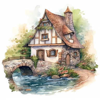 An enchanting watercolor clipart illustration of a picturesque medieval cottage perched near a meandering river, embraced by a tranquil countryside. The cottage boasts weathered stone walls, a thatched roof adorned with climbing vines, and a meticulously crafted waterwheel gracefully spinning by the riverside. The calming river reflects the surrounding nature, with delicate ripples and vibrant aquatic life. Against a clean white background, the watercolor medium enhances the cottage's rustic cha