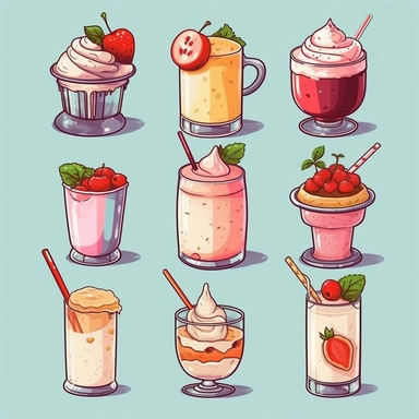 Illustrate a collection of food and beverage cliparts, ranging from delectable desserts to refreshing drinks.