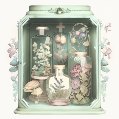 a glass cabinet with glass containers, in the style of dreamlike illustrations, fairycore, pastel color palette, botanical precision, flowers, Victorian, clipart