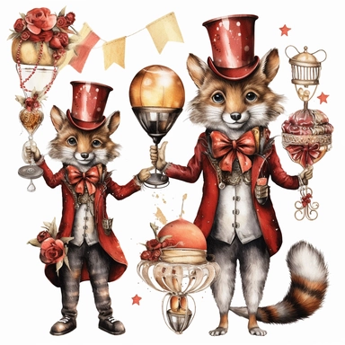 Steampunk Birthday Party Animal Clipart, crimson and gold color, Steampunk, watercolor, sweet, happy, high resolution, transparent white background no captions