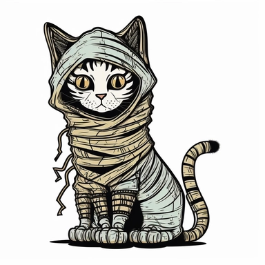 cat halloween, mummy costume, clipart, black outlines, white background, vector