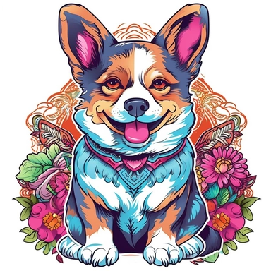vector of a cute happy corgi in hyper real beautiful japanese tattoo, paint art style, clipart, detail design, colorful, contour, white background, magnificent,