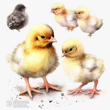 hyperrealistic high detailed watercolor baby chickens clipart, white background