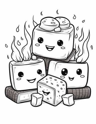 Kawaii s'mores with smiling faces, featuring toasted marshmallows, chocolate, and graham crackers For Simple Coloring page,line art, thick lines, black and white,clipart, illustration, on white background,margin Page 10px