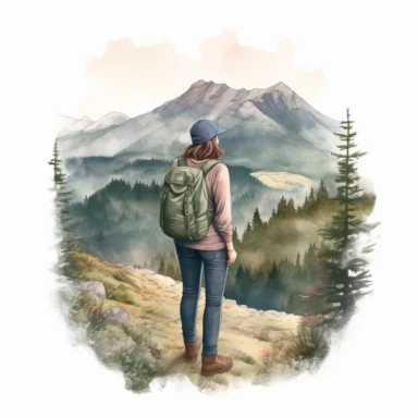COZY semi-realistic scene of a female hiker , include a wide landscape, extreme wide angle view, transparent background, watercolour clipart illustration style, dreamy, intricate, illustration, detailed , 8k, png, clipart style, deep colours