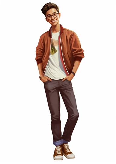 a fashionable realistic adorable hispanic teenage boy, smiling, from 2020, clipart, head to toe, white background