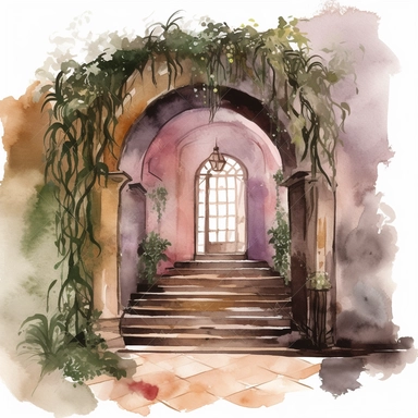 watercolor overgrown castle hallway clipart, no background, no watermark
