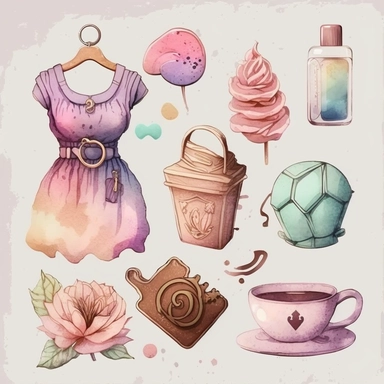girly items on wallpaper , icon clipart watercolor style , realistic hand watercolor drawing 4k