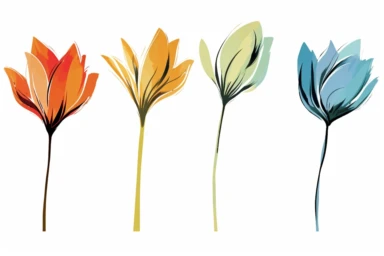 ink drawing four flowers clipart, ink style, ink drawing, vector style, prominent ink strokes, flat style, prominent line style, white background, spaced out, do not intersect images, spacing between elements, single thickness lines, no shadows, few details, only lines, only black lines, no volume, hand drawn ink drawing, free-hand light color strokes under ink lines,