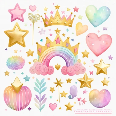 a pastel rainbow collection of princess castle, princess gold diamond tiara, rainbows, gold star, pink star, hearts, flowers, roses, plastercine, soft watercolour light, clipart svg white background