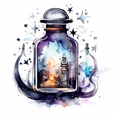 clipart watercolor creepy glass ink bottle and quill pen with crescent moon and stars, fantasy, detailed, white background, illustration painting, collaged constructions, digital art, in the style of sculptural and geometric, forced perspective drawings, Geometric brushstrokes form an intriguingly abstract, painterly figure