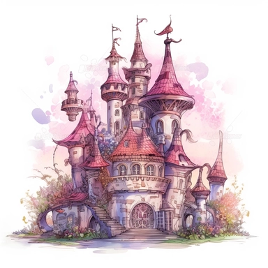 fantasy castle illustration, detailed, vivid color, fairy tale, feminine, girly, fantasy, dreamy, single castle, clipart, illustration white background