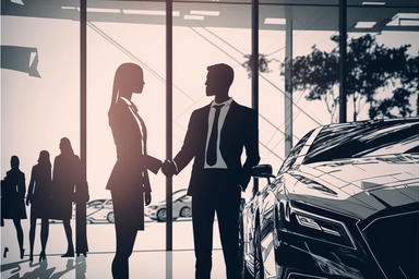 stock clipart, profiles of business people in front of car dealership, shaking hands, octane rendering, high detail, detail, sharp focus, noise reduction, vfx, post processing, 8k, no blur,