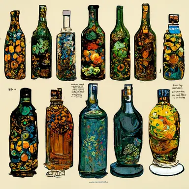 various bottles of alcohol, clipart, style of Mikhail Vrubel