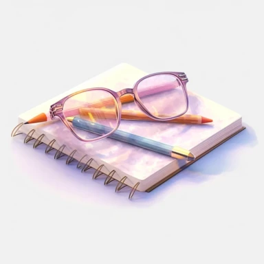 pastel watercolor clipart, eyeglasses placed on top of an open notepad, light aesthetic, detailed, UHD, 8K, 3D, solid white background