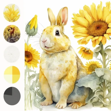 Watercolor sunflower Clipart, happy bunny looking at the camera, sunflower, white background