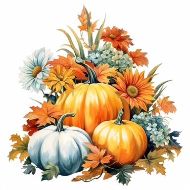 hyperrealism painting, variety flowers , pumpkin floral bouquet , white background, watercolor style, farmhouse chic, tempera clipart