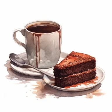 A cup of black coffee, steaming hot, next to a piece of chocolate cake clipart, white background, watercolor drawing, very detailed , Cartoon,hyper realistic, intricate detail, illustration style,high solution,on the white background
