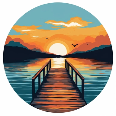 clipart picture of a dock at a lake, sunset, on circular white background
