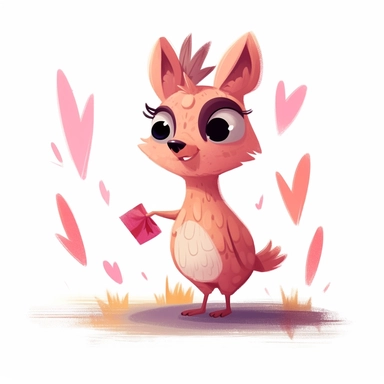 fred the baby llama, llama baby character, pink fur, light brown skin, likes to chew grass, bipedal, children's book illustrative style clipart, flat colours, high resolution, consistent character, full colours, white background