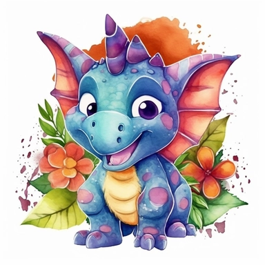 watercolored clipart with triceratops, funny and friendly, goofy, silly and playful dinosaur, colored, white background