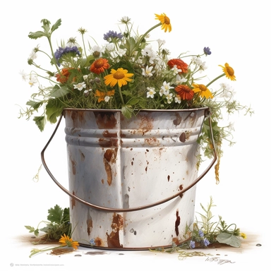 86125 watercolor for a clipart with a white background of wildflowers growing in a rusty metal bucket, hyperrealism, painted by Bo Bartlett