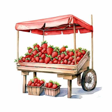 Commercial shot of ultra - realistic watercolor painting of a strawberry stand clipart, aesthetic, good looking food, delicious, yummy, foodie, healthy, white background no text, isolated on white, watercolor illustration, award winning, strong and sharp lines