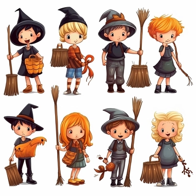 broomstick kids halloween clipart, isolated white background