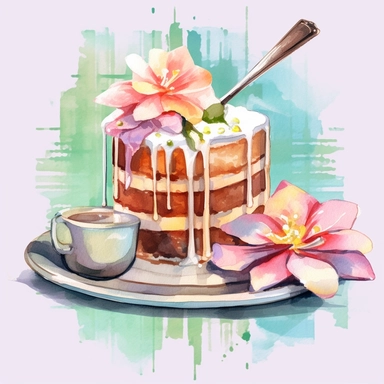 Vietnamese coffee in a metal drip filter with a pandan cake on a plate, Watercolor, pastels, clipart, beautiful, colourfull, png transparent white background, high resolution, no caption q4 s2