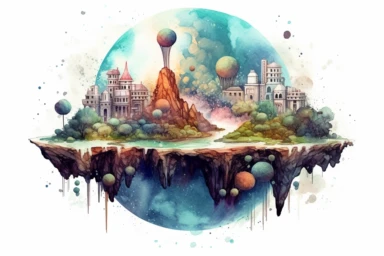 Watercolor, Design a planet with floating islands that are home to a harmonious, telepathic society clipart, hd, on a white background, spaced out