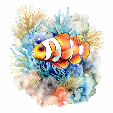 watercolor clown fish and sea anemones, shades of coral turquoise yellow and blue, glamorous, very detailed and realistic, white background with margins, clipart style