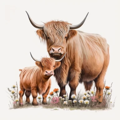 highland cow with her cute lovely child intimately stand together,kinds of clorful flower cluster in the front of them，clipart style--HD picture