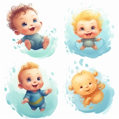 cartoon baby clipart baby boy baby girl, in the style of spray painted realism, realistic watercolor paintings, duy huynh, animated gifs, playful and colorful depictions, light amber and sky-blue